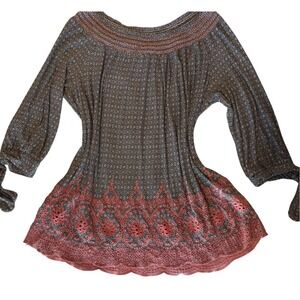 Peasant Blouse Size 1X Embroidered 3/4 Tie Sleeve Black Orange Cottagecore Top